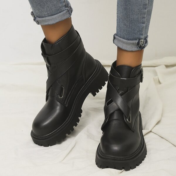 

Cross Design Buckle Decor Combat Boots, Black