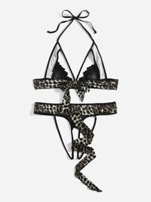 Plus Leopard Cut-out Crotchless Lingerie Set - Multicolor - View 2