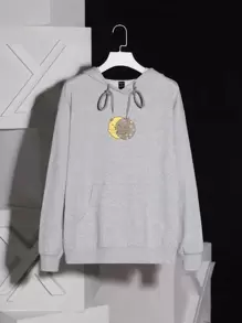 Rili Capucha con estampado de dibujos animados con bolsillo de canguro de hombros caídos con cordón - Gris Claro - Ver 1