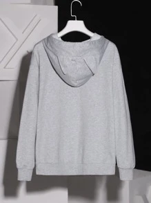 Rili Capucha con estampado de dibujos animados con bolsillo de canguro de hombros caídos con cordón - Gris Claro - Ver 2