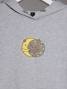 Rili Capucha con estampado de dibujos animados con bolsillo de canguro de hombros caídos con cordón - Gris Claro - Ver 5