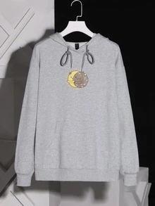 Rili Capucha con estampado de dibujos animados con bolsillo de canguro de hombros caídos con cordón - Gris Claro - Ver 6