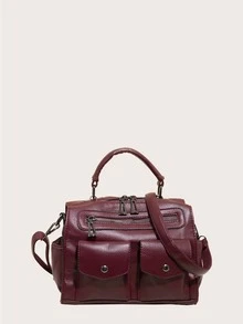 Vintage Design Satchel Bag - Burgundy - View 1