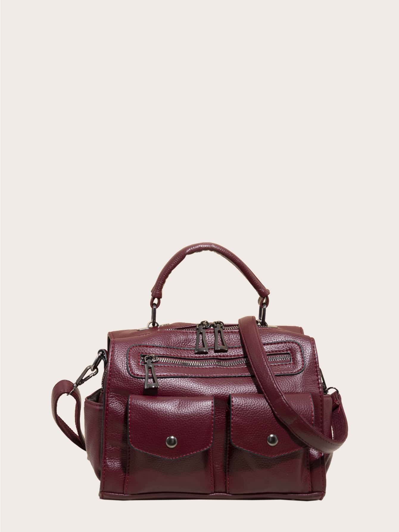 Vintage Design Satchel Bag - Burgundy - View 1