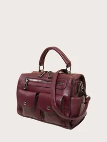Vintage Design Satchel Bag - Burgundy - View 5