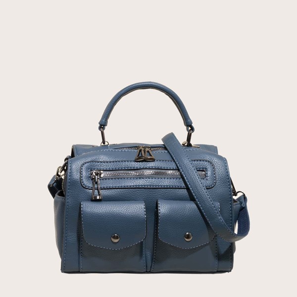

Stitch Detail Double Pocket Front Satchel Bag, Dusty blue