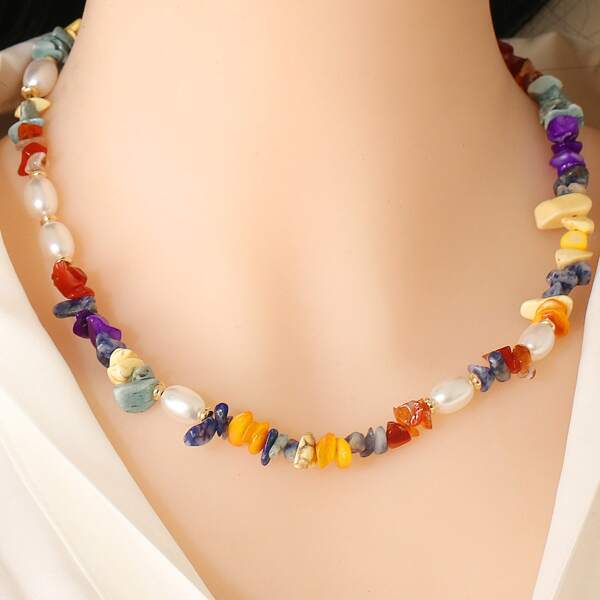 

Faux Pearl Decor Beaded Necklace, Multicolor