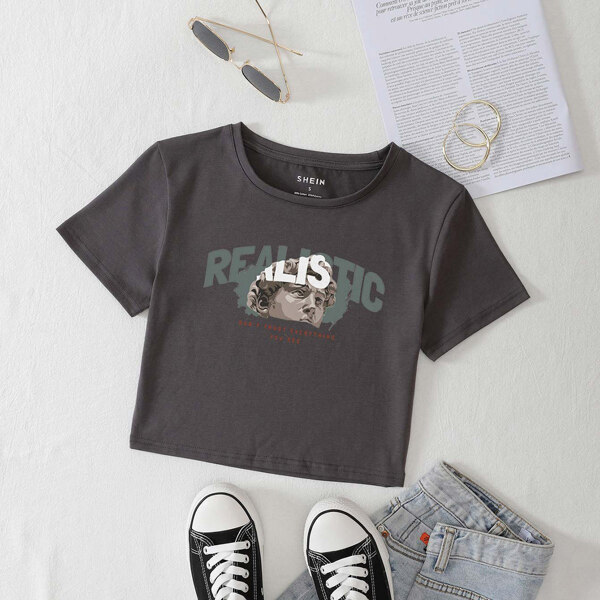 

Sculpture and Slogan Graphic Tee, Dark grey