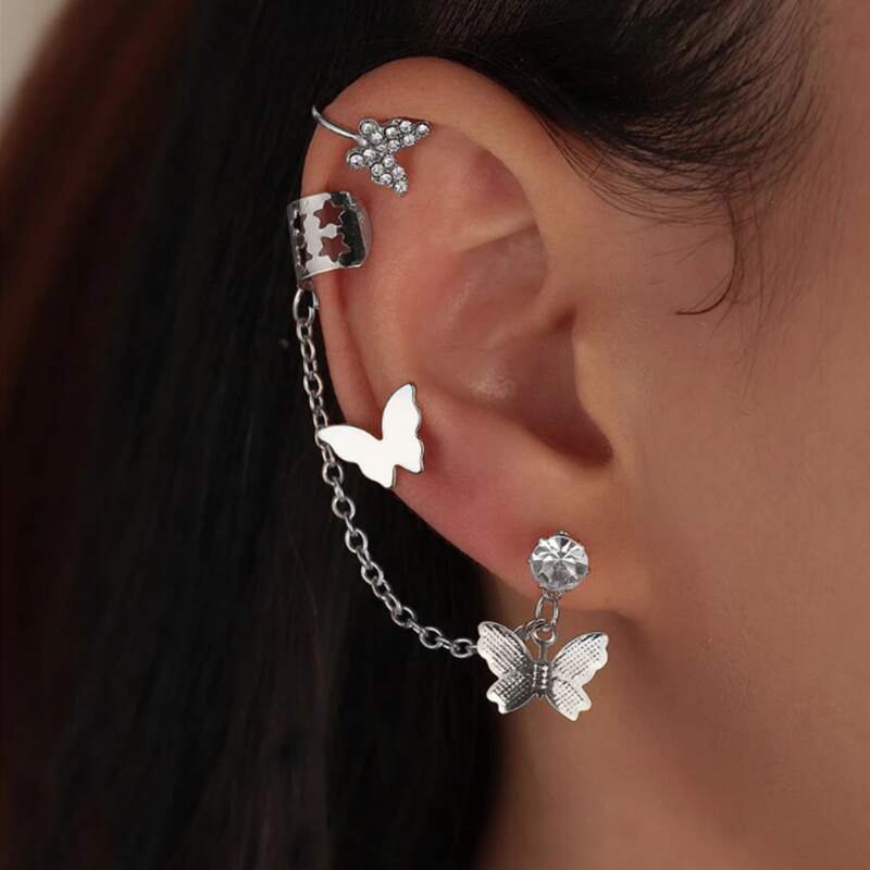 

3pcs Butterfly Decor Earrings, Silver