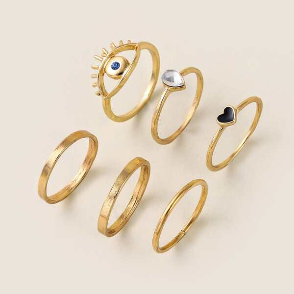 

6pcs Rhinestone Detail Ring, Multicolor