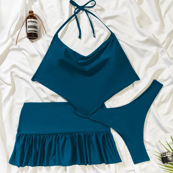 

3pack Hanky Hem Halter Bikini Swimsuit & Beach Skirt, Teal blue