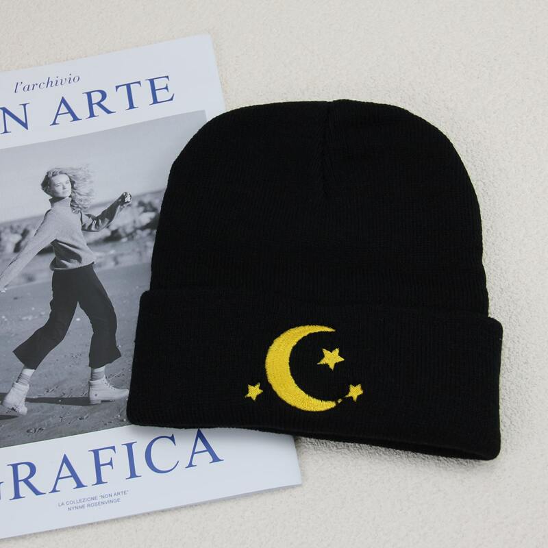 

Star & Moon Embroidery Beanie, Black