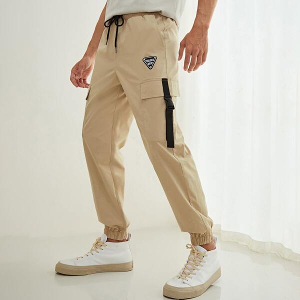 

Men Patch Detail Flap Pocket Buckle Cargo Pants, Khaki