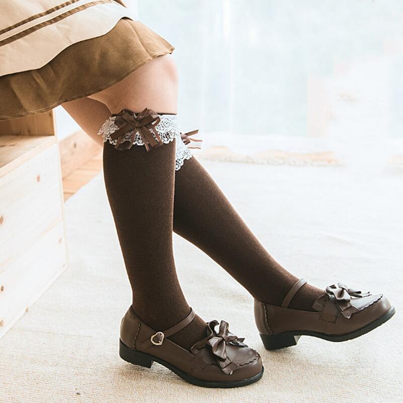

Lace Ruffle Over The Calf Socks, Brown
