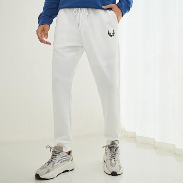 

Men Wings Pattern Drawstring Waist Sweatpants, White