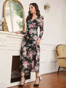 Modelyn Ruffle Hem Floral Print Mesh Dress - Multicolor - View 4