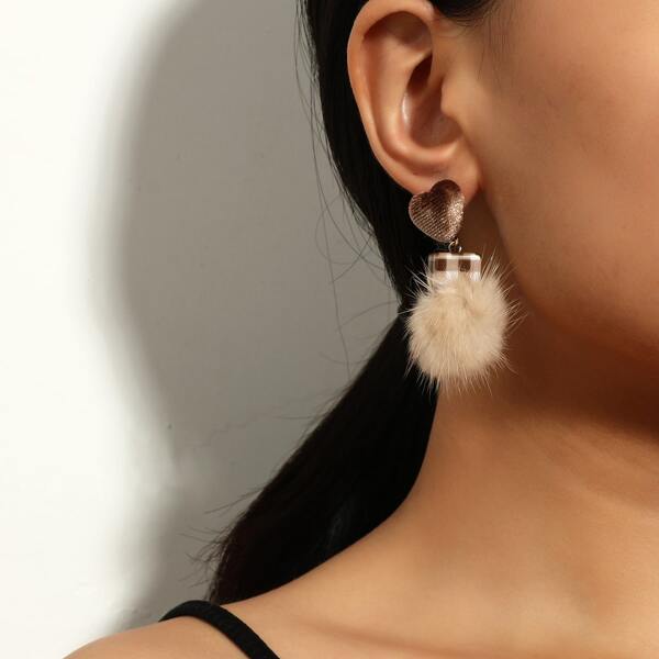 

Pom Pom Drop Earrings, Coffee brown