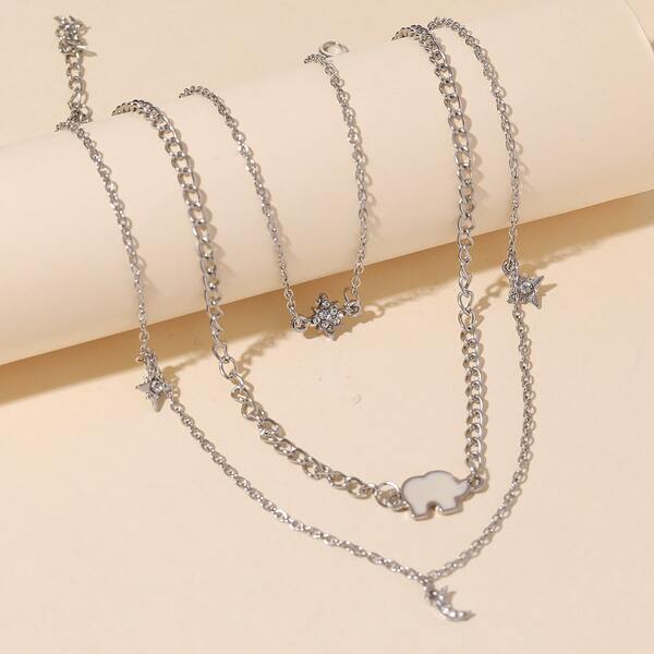 

Moon Charm Layered Necklace, Silver