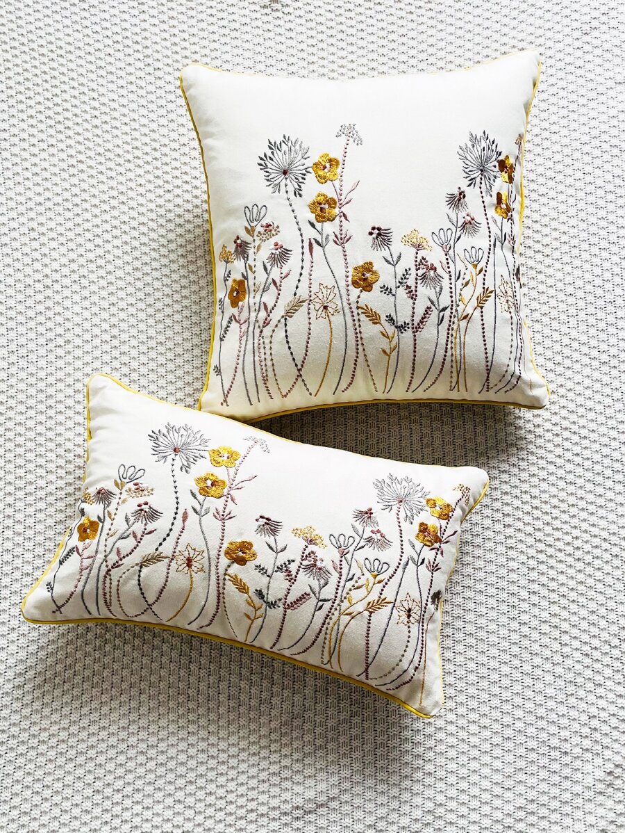 1pc Floral Embroidery Cushion Cover Without Filler - Multicolor - View 1