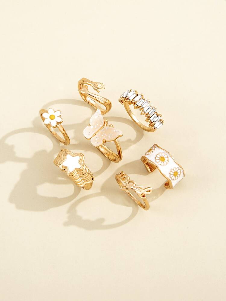 7pcs Rhinestone Detail Ring - Yellow Gold - View 2