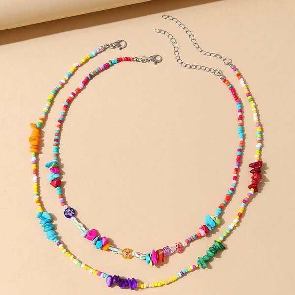 

2pcs Stone Beaded Necklace, Multicolor