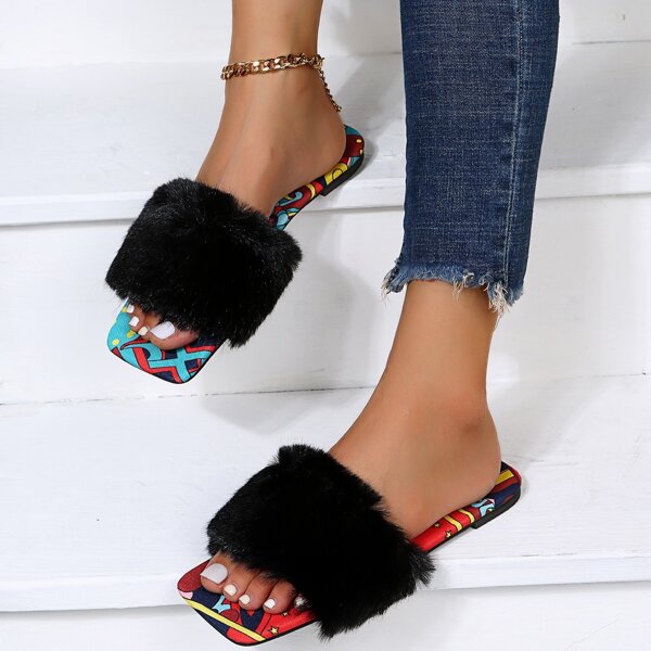 

Graphic Print Fluffy Slide Sandals, Black