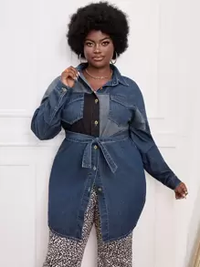 大碼撞色翻蓋口袋落肩袖腰帶牛仔上衣 - 中等水洗藍 - 查看 1