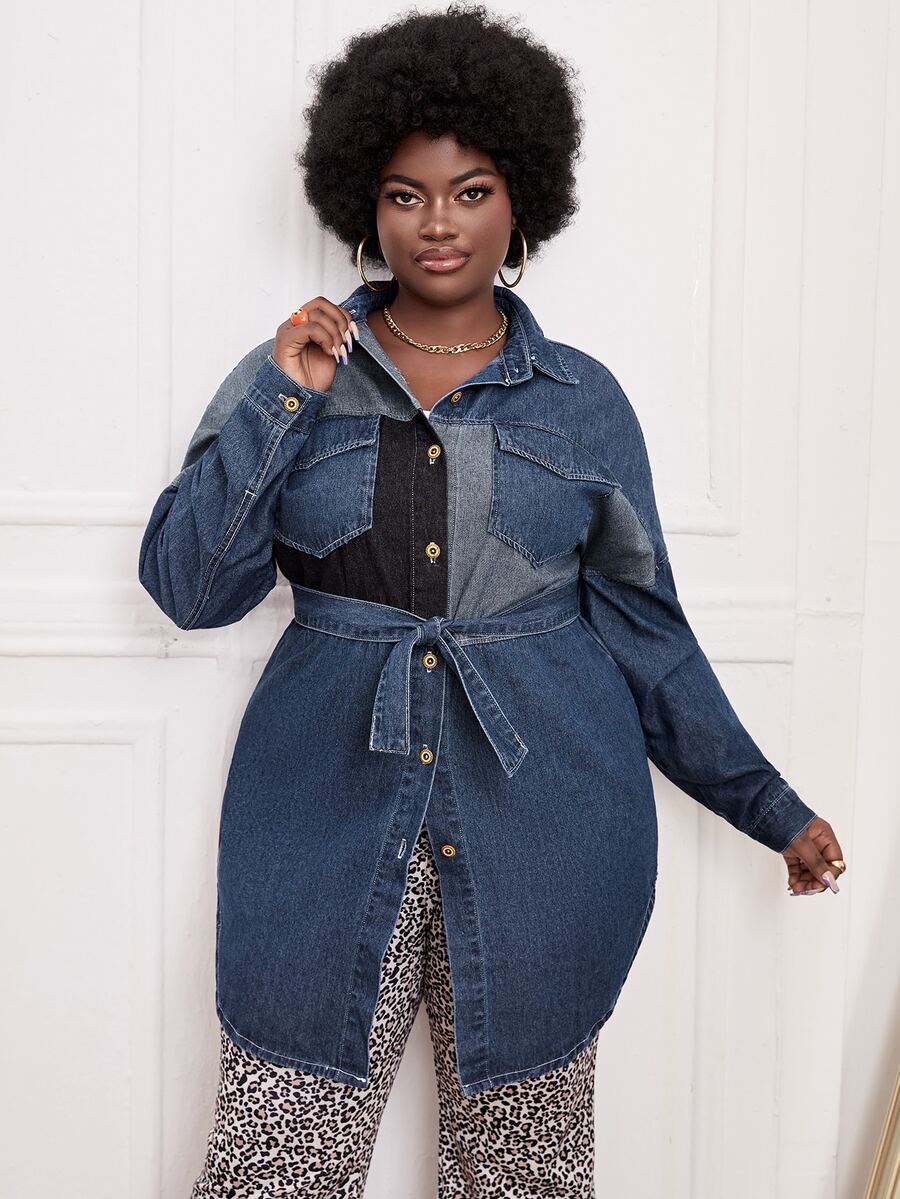 大碼撞色翻蓋口袋落肩袖腰帶牛仔上衣 - 中等水洗藍 - 查看 1