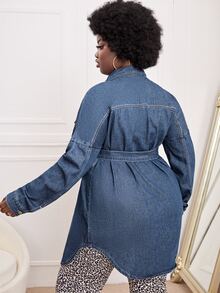 大碼撞色翻蓋口袋落肩袖腰帶牛仔上衣 - 中等水洗藍 - 查看 2