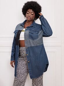 大碼撞色翻蓋口袋落肩袖腰帶牛仔上衣 - 中等水洗藍 - 查看 3