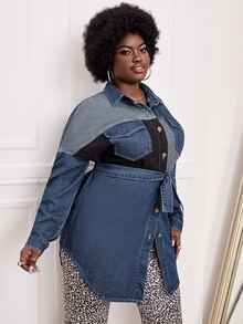 大碼撞色翻蓋口袋落肩袖腰帶牛仔上衣 - 中等水洗藍 - 查看 4