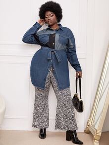 大碼撞色翻蓋口袋落肩袖腰帶牛仔上衣 - 中等水洗藍 - 查看 5