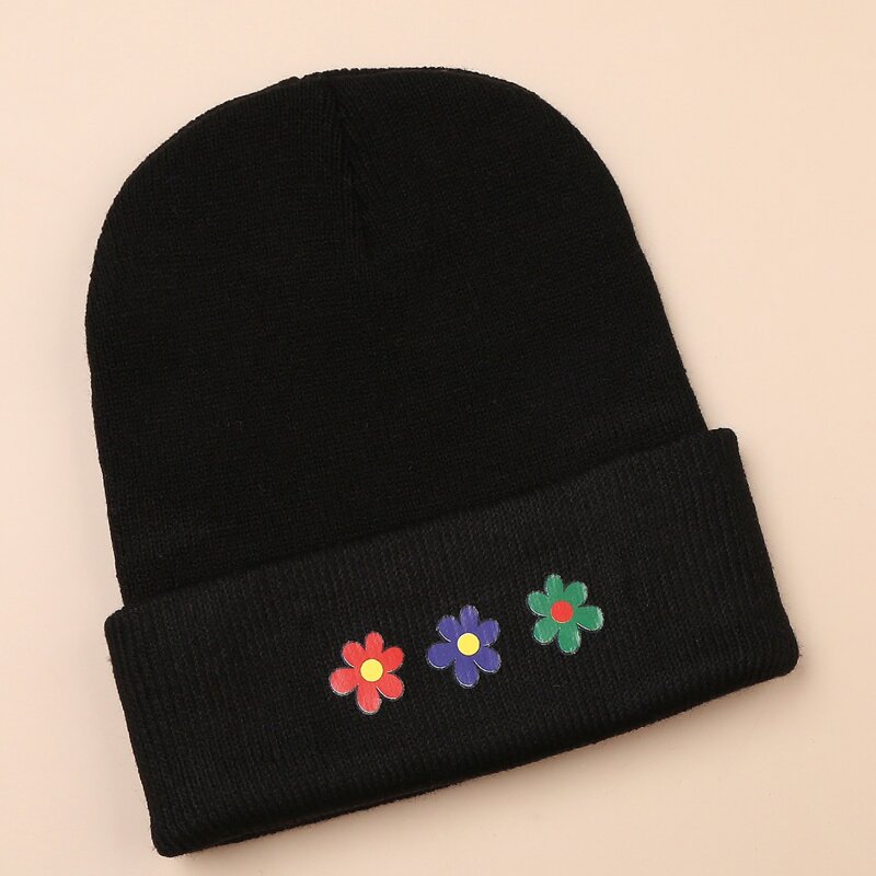 

Floral Print Knit Beanie, Black