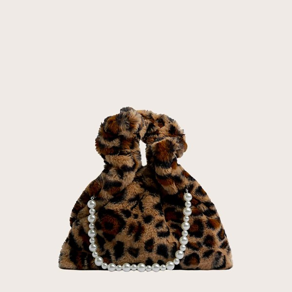 

Leopard Print Faux Pearl Decor Satchel Bag, Multicolor