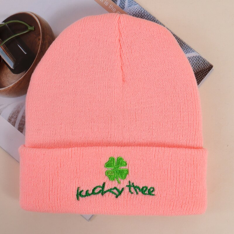 

Leaf Embroidery Knit Beanie, Pink