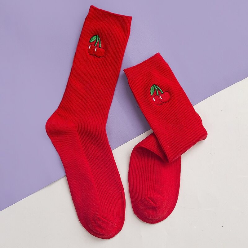 

Cherry Embroidery Crew Socks, Red