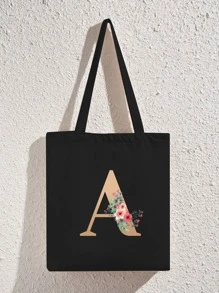 Bolsa de compras con estampado floral con letra - Negro - Ver 1