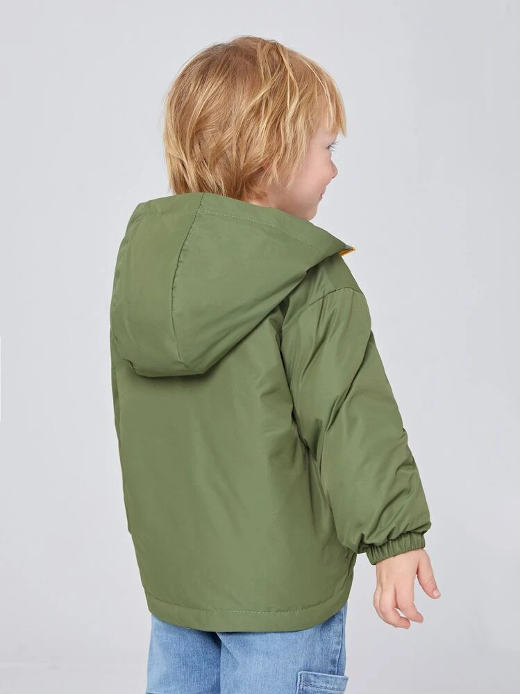 SHEIN Ocieplany płaszcz z kapturem i kieszeniami dla chłopca, zapinany na zamek - Oliwkowy zielony - Zobacz 2