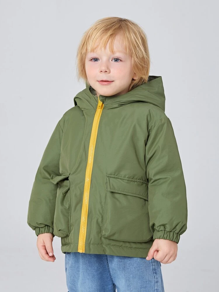 SHEIN Ocieplany płaszcz z kapturem i kieszeniami dla chłopca, zapinany na zamek - Oliwkowy zielony - Zobacz 3