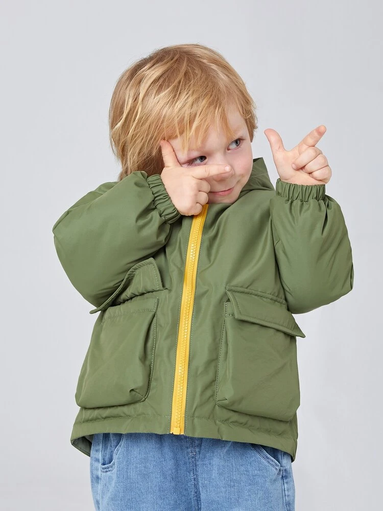 SHEIN Ocieplany płaszcz z kapturem i kieszeniami dla chłopca, zapinany na zamek - Oliwkowy zielony - Zobacz 5