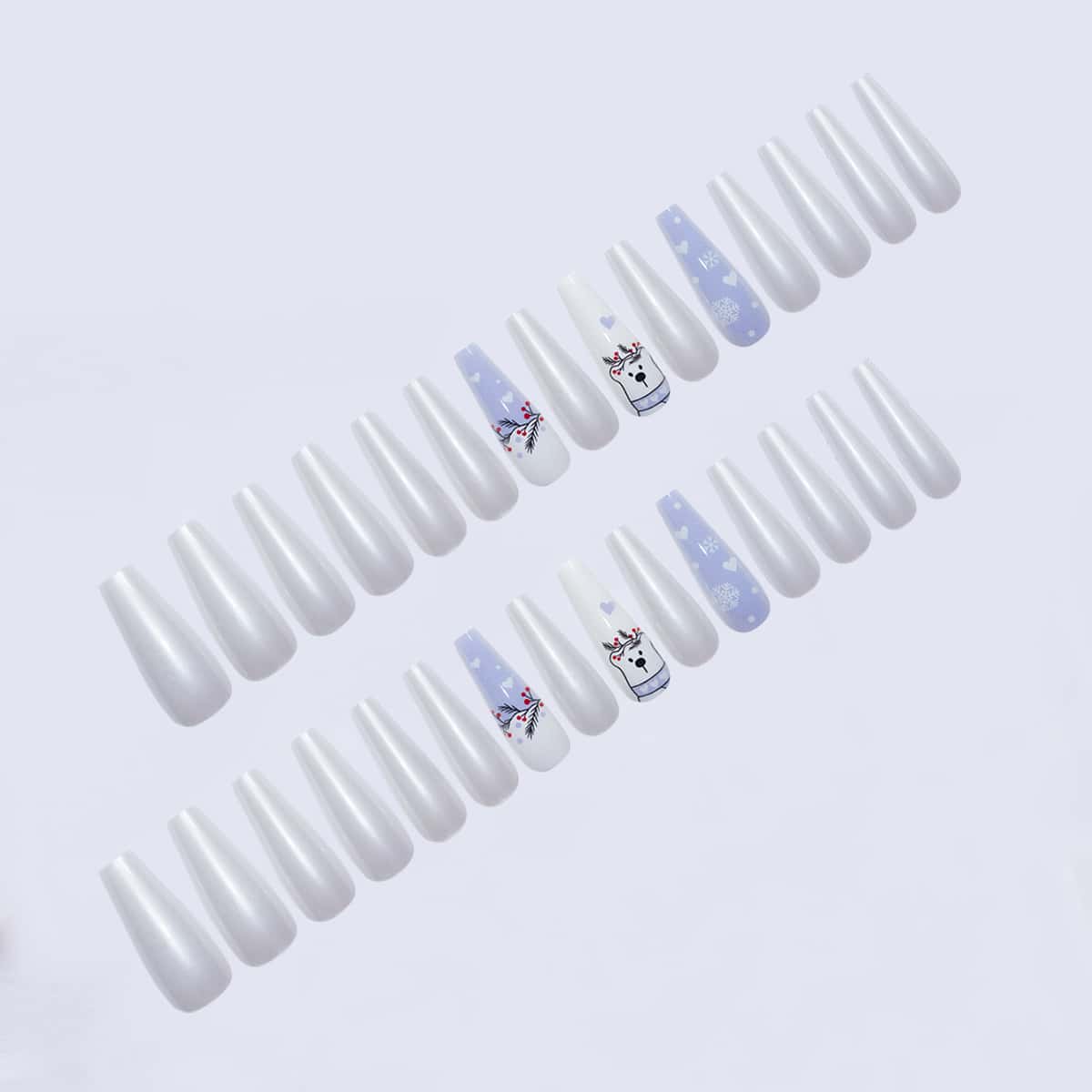 

30pcs Cartoon Bear Pattern Fake Nail & 5pcs Nail Art Tool, Mauve purple
