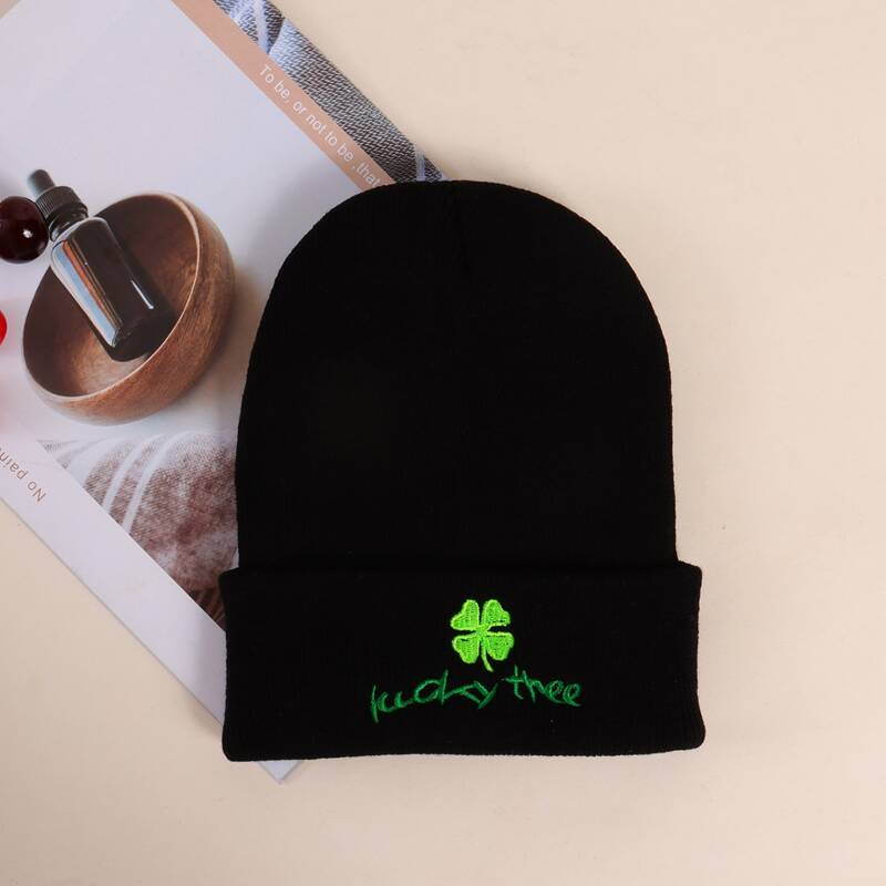 

Leaf Embroidery Knit Beanie, Black