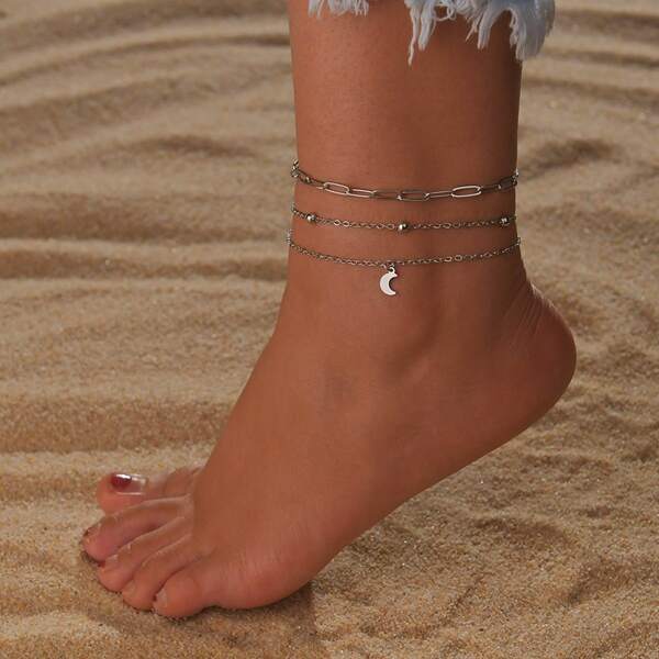 

3pcs Girls Moon Charm Anklet, Silver