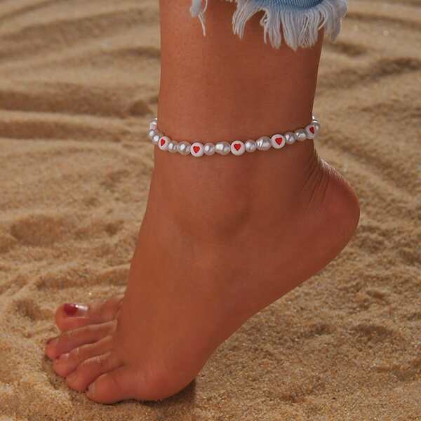 

Girls Heart & Faux Pearl Decor Anklet, Multicolor