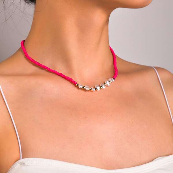 

Faux Pearl Decor Beaded Necklace, Hot pink