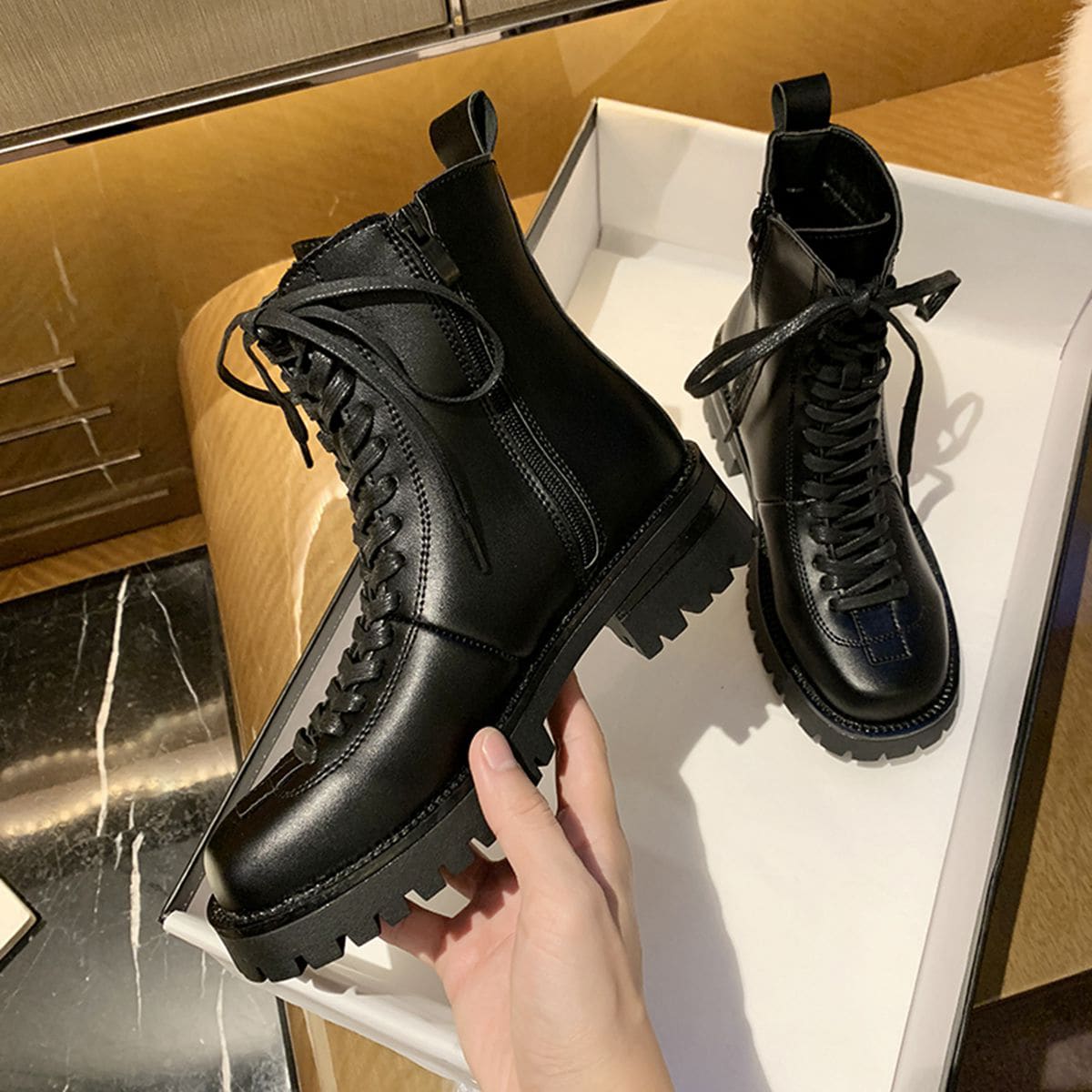 

Minimalist Lace Up Front Combat Boots, Black