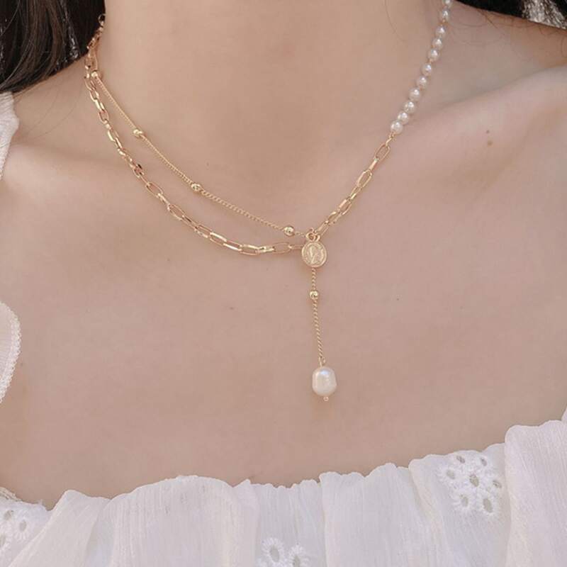 

Coin Pendant Layered Chain Necklace, Gold