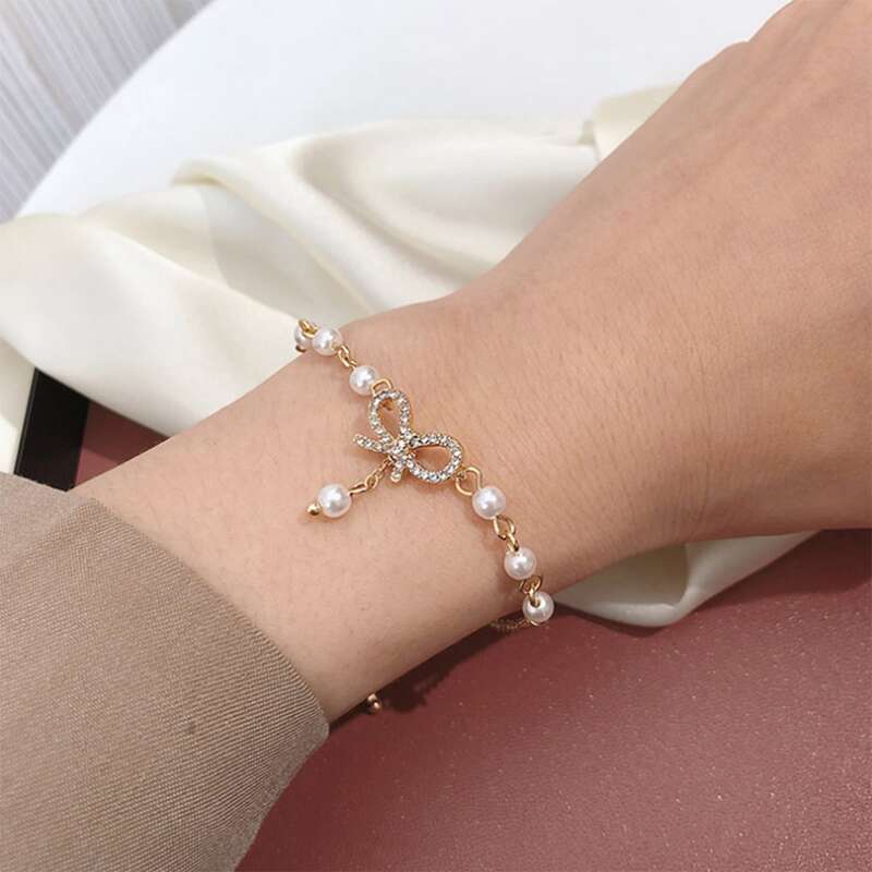 

Faux Pearl Decor Chain Bracelet, Gold