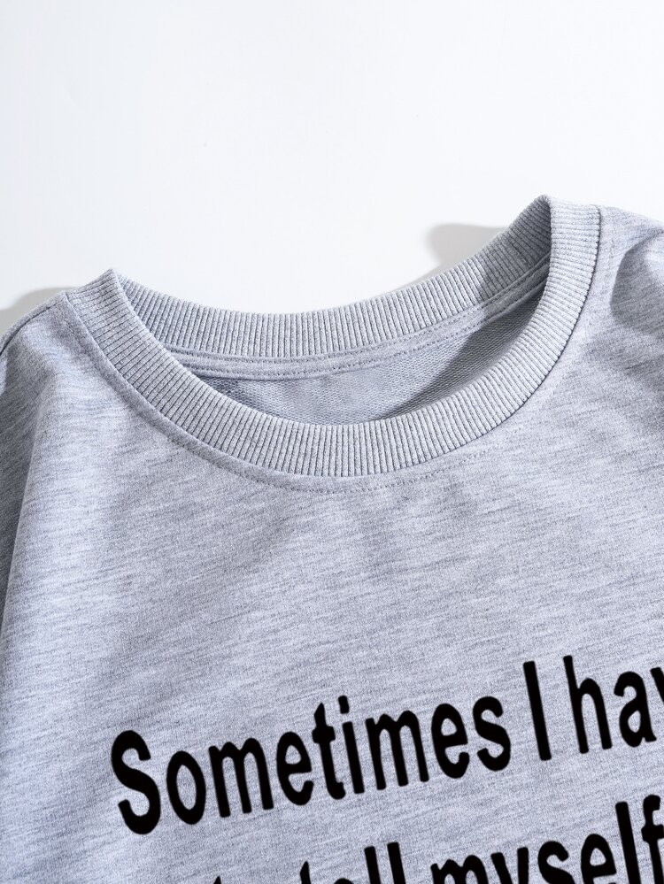 Flirla Áo nỉ tay rớt in khẩu hiệu Plus, kiểu dáng mùa thu - Màu Xám nhạt - Xem 3