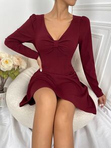 深V領褶皺面料細節連衣裙 - 酒紅色 - 查看 4
